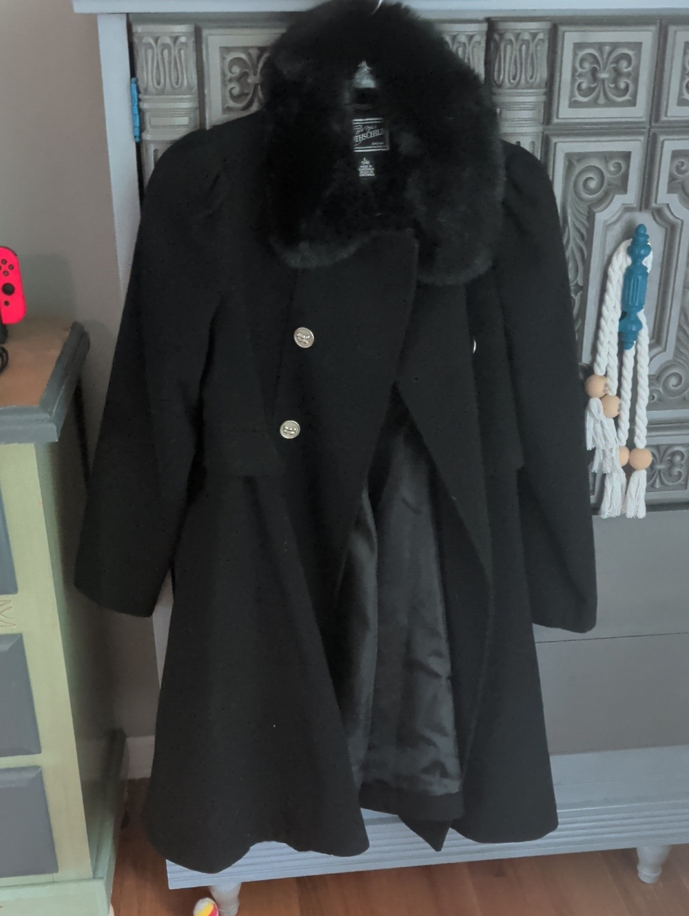 Rothschild Black Wool Pea Coat with Faux Fur-childs Large 14 Women's XS